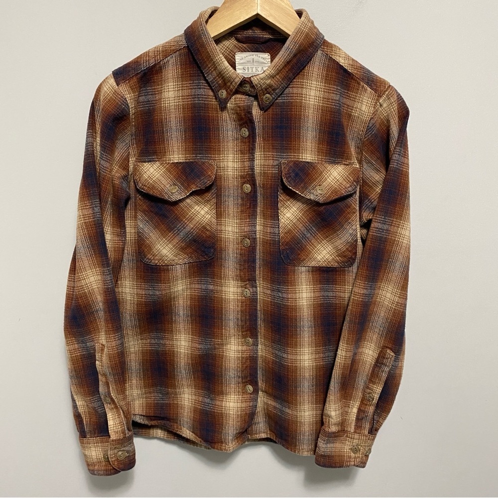 Sitka Shirt Womens Plaid Brown Blue Button Down Organic Cotton Cottage